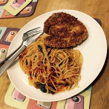 Chicken milanese and spaghetti
